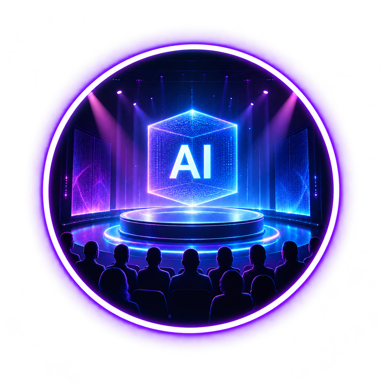 AI technology unveiled on a glowing stage to an audience