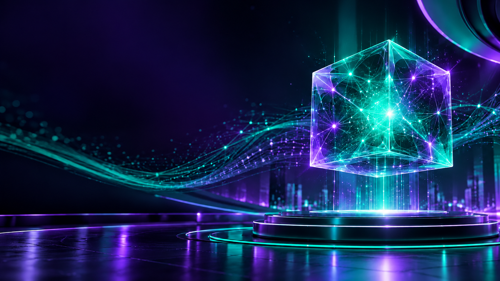 Glowing teal and purple digital AI cube on a futuristic platform